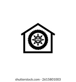Seasonal storage of car tires. Vector icon of tire inside house, snowflake and sun.