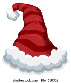 Seasonal and striped Santa's hat with fluffy cotton as pompom to celebrate Christmas, isolated over white background.