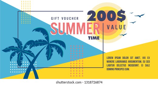 Seasonal Summer Gift Voucher template. Design of coupon usable for invitation and ticket. Vector illustration with discount offer. - Images vectorielles