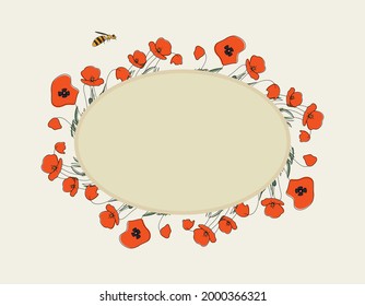 Seasonal summer hand drawn frame vector background.Botanical decorative box or border with poppies, cute bee and place for text.Flower backdrop or template with honeybee for social media post banner