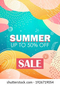 seasonal summer sale banner flyer or greeting card with decorative leaves and hand drawn textures vertical vector illustration