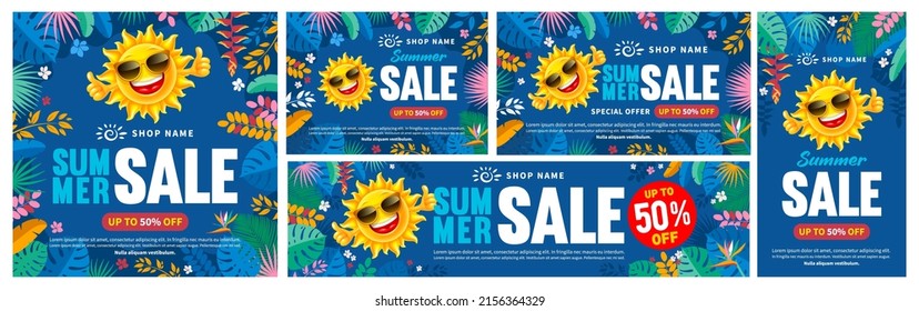 Seasonal Summer Sale banner templates. Advertising designs set. Invitation for shopping with 50 percent off. Cheerful sun, tropical leaves and flowers on blue background. Vector illustration. 