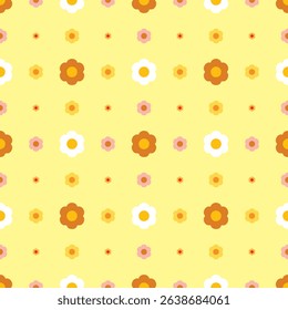 Seasonal summer seamless pattern. Fresh and energetic aesthetic. Spring orange, yellow and pink flowers. Wrapping paper, background, backdrop, birthday gift wrap. Vector illustration, EPS 10.