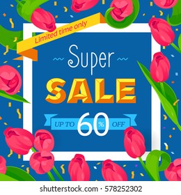 Seasonal super banner. Spring holidays happy sale, blue text. Woman vector white frame, isolated flowers tulips. Hot limited offer 60% off. Abstract Easter background, 8 March Mothers day girl design