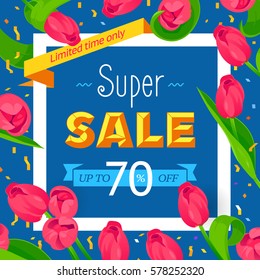 Seasonal super banner. Spring holidays happy sale, blue text. Woman vector white frame, isolated flowers tulips. Hot limited offer 70% off. Abstract Easter background, 8 March Mothers day girl design