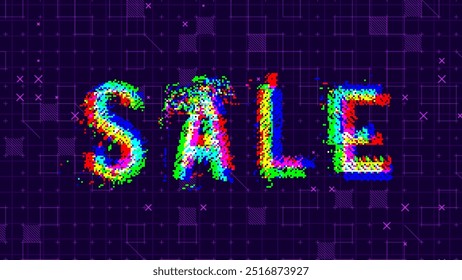 Seasonal Tech SALE Glitched Cyberpunk Modern Style Typography Banner. Dark Background for Black Friday Tech Sale or Cyber Monday Blog Post. Vector Illustration. 