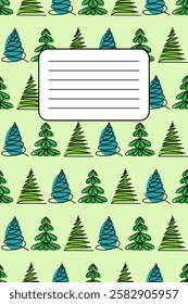 Seasonal themed notebook background featuring colorful trees on a light green design
