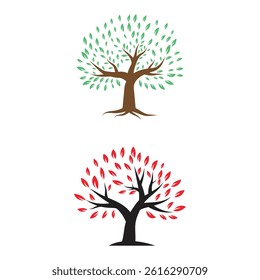 Seasonal tree design set, green and red leaf trees illustration for nature and ecology 