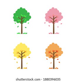 Seasonal trees in spring, summer, autumn, winter on white background. (Illustration, vector, outdoors, park, garden, blooming, blossom, cherry, pink, sakura)
