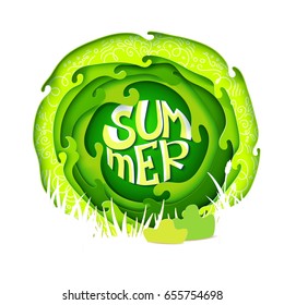 Seasonal vector illustration. Summer modern lettering. Paper carving styled art. Great for posters, ad, banners. Green season paper cut background