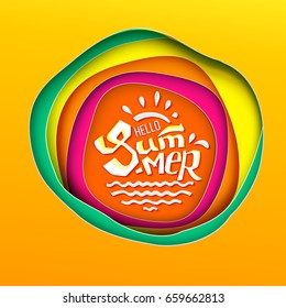Seasonal vector illustration. Summer modern lettering. Paper carving styled art. Great for posters, ad, banners. Paper craft art layers. Typography background