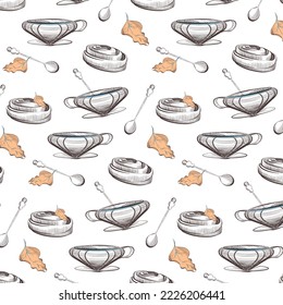 Patrón vectorial estacional con atributos otoño e invierno: taza, cucharadita de té, tazón de azúcar, cinabrio, hoja