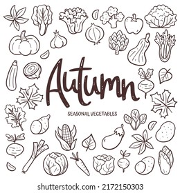 Seasonal vegetables background. Hand-drawn autumn vegetables composition made of doodle vector icons, isolated on white background.