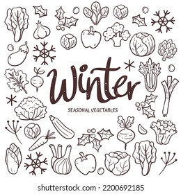 Seasonal vegetables background. Hand-drawn winter vegetables composition made of doodle vector icons, isolated on white background.