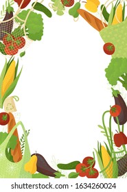 Seasonal vegetables empty frame vector illustration. Greens color border. Fresh veggies, organic nutrition, healthy products. Vegan food and eco friendly handbags on white background
