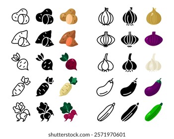 Seasonal vegetables icon set. Sweet potato and beet root sign. Red radish and daikon symbol. Onion and garlic pictogram. Zucchini and aubergine illustration.