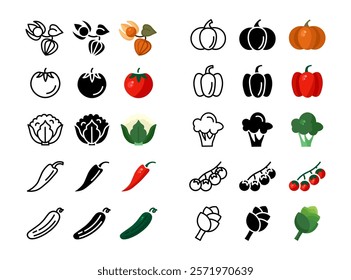 Seasonal vegetables icon set. Tomato and cucumber sign. Paprika and chili peppers symbol. Cabbage cauliflower and broccoli pictogram. Pumpkin illustration.