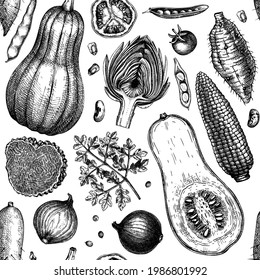Seasonal vegetables seamless pattern. Harvest festival vector background. Hand sketched herbs, vegetables, mushrooms illustrations. Health food ingredients backdrop for wrapping, packaging, textile.
