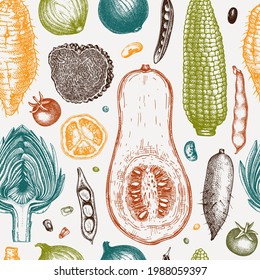 Seasonal vegetables seamless pattern. Harvest festival vector background. Hand sketched herbs, vegetables, mushrooms illustration. Health food ingredients backdrop for wrapping, menu, recipes, textile