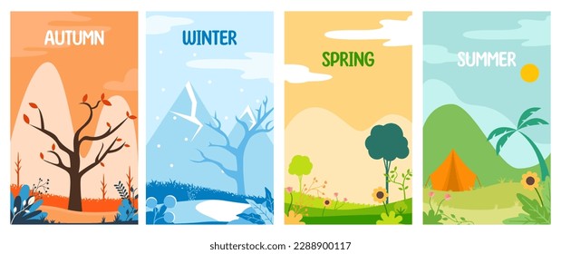 seasonal vertical banners for social media stories wallpaper - autumn, winter, spring and summer landscapes with copy space for text Vector illustration