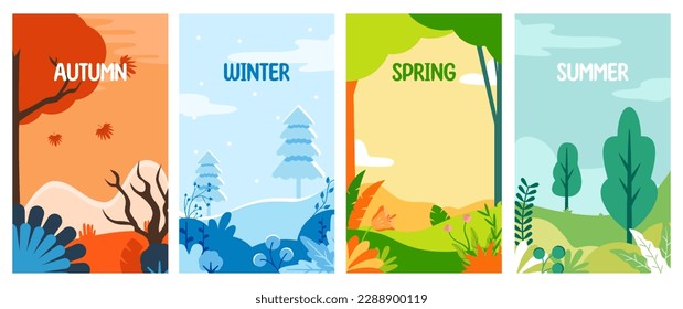 seasonal vertical banners for social media stories wallpaper - autumn, winter, spring and summer landscapes with copy space for text Vector illustration