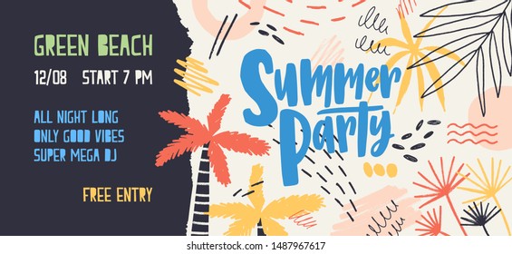 Seasonal web banner template decorated by tropical palm trees, paint stains, blots and scribble for summer open air dance party. Vector illustration for summertime event promotion, advertisement.