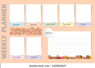 Seasonal weekly planner on the light orange background with autumn leaves design. Chart for notes and white charts for each day of the week are ready for your text. 