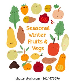 Seasonal Winter Fruits and Vegs - vector illustration on a white background. Healthy green food background. Cartoon smiley fresh fruits and vegetables.