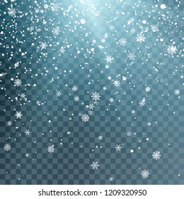 Seasonal Winter Holiday Background. Festiveal Snowfall on Blue Sky. White Snowflakes Fall. Frost Snow and Sunshine. Vector illustration isolated on transparent background