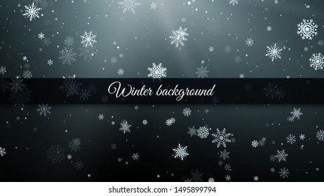 Seasonal Winter Holiday Background. Festiveal Snowfall on Dark Sky. White Snowflakes Fall. Frost Snow and Sunshine. Vector illustration
