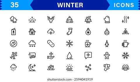 Seasonal Winter Icons. Scalable Illustrations for Snowflakes, Ice, Winter Sports, and Cozy Winter Activities