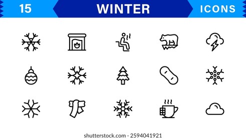 Seasonal Winter Icons. Scalable Illustrations for Snowflakes, Ice, Winter Sports, and Cozy Winter Activities