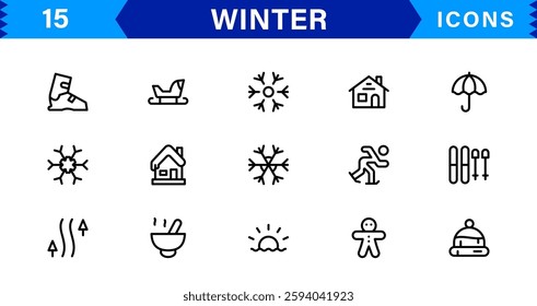 Seasonal Winter Icons. Scalable Illustrations for Snowflakes, Ice, Winter Sports, and Cozy Winter Activities