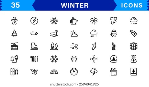 Seasonal Winter Icons. Scalable Illustrations for Snowflakes, Ice, Winter Sports, and Cozy Winter Activities