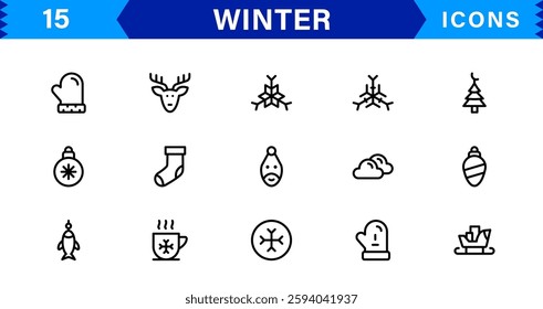 Seasonal Winter Icons. Scalable Illustrations for Snowflakes, Ice, Winter Sports, and Cozy Winter Activities