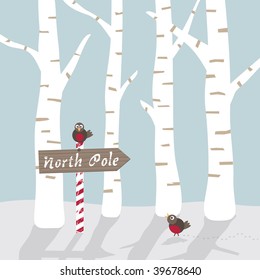 seasonal winter landscape greeting card with north pole sign and robins