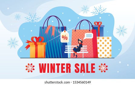 Seasonal Winter Sale, Christmas Holiday Discounts, Shopping Special Offer Campaign Flat Vector Ad Banner, Promo Poster Template. Woman, Female Customer Siting on Bench, Shopping Online Illustration