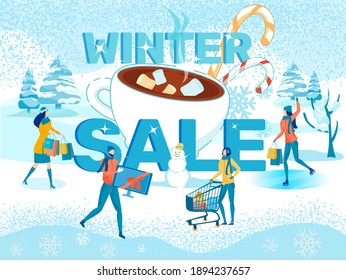 Seasonal Winter Sale, Christmas Holiday Discounts Offer Flat Vector Banner. People Walking Outdoors with Shopping Trolley Full of Gods, Carrying Holiday Gifts, Coffee Cup with Marshmallow Illustration
