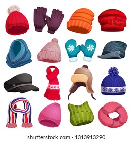 Seasonal winter scarf hats caps gloves mittens set with sixteen isolated colourful images on blank background vector illustration
