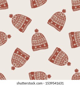 Seasonal Winter Warmer Knitted Hat Seamless Pattern. Holiday background with Hand Drawn Bobble. Isolated Flat Color Doodle Icon. Scandi Hygge Knit Hat. Muted Homespun Scandinavian style. Vector EPS1