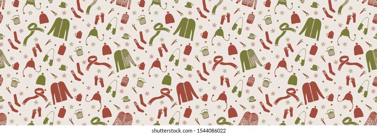 Seasonal Winter Warmer Seamless Border Pattern. Holiday banner with Hand Drawn Flat Doodle Festive Icon. Huggy Knit Hat, Hot Cocoa Mug, Nordic Mittens, Knitted Sweater. Scandi ribbon Trim Vector EPS10