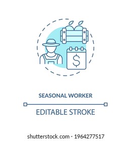 Seasonal worker blue concept icon. Temporary work. Short term job. Apple picking. Migrant worker rights idea thin line illustration. Vector isolated outline RGB color drawing. Editable stroke