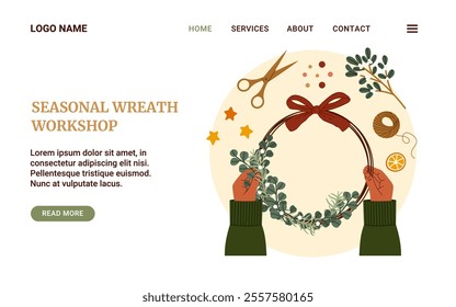 Seasonal Wreath Making Workshop web banner template. Hands creating a festive wreath with eucalyptus and bow. DIY holiday workshop concept. Perfect for promotional, local business, advertising. Vector