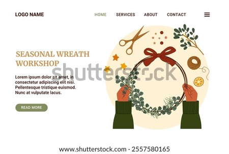 Seasonal Wreath Making Workshop web banner template. Hands creating a festive wreath with eucalyptus and bow. DIY holiday workshop concept. Perfect for promotional, local business, advertising. Vector