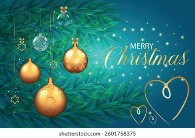 A seasonal Xmas card displaying dangling ornaments on a light blue backdrop with a tree branch.