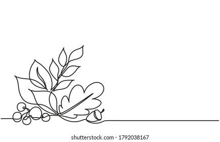 Seasonals design  with leaves. Decoration for banners, invitations, promotions, prints. Vector. Continuous line drawing. Autumn sketch