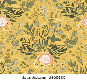 Seasoning blends seamless pattern, herbs and spicies background. Print for fabrics, wrapping paper, textile design