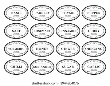 Seasoning kitchen pantry label sticker set organizer black white elips vintage style