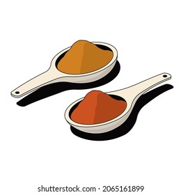 Seasoning peppers spices on spoons. Vector 3d sketch line isometric style, color icon illustration. Creative design idea and infographics elements.