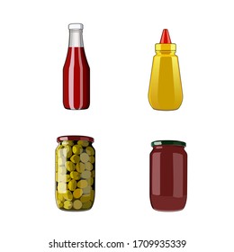 Seasoning sauce set. Tomato ketchup, mustard, bolognese sauce, olives in jar. Food ingredients. Vector graphic illustration